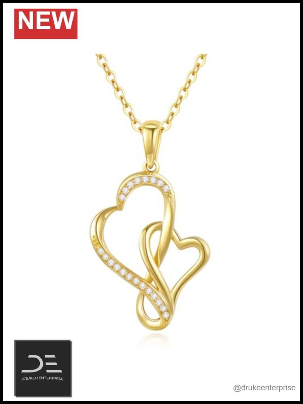 14K Solid Gold Interlocking Heart Pendant Necklace for Women